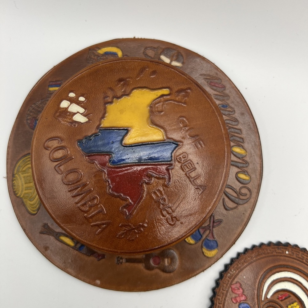 Vtg Coaster Set Leather Handmade Columbia Made - Picture 3 of 15